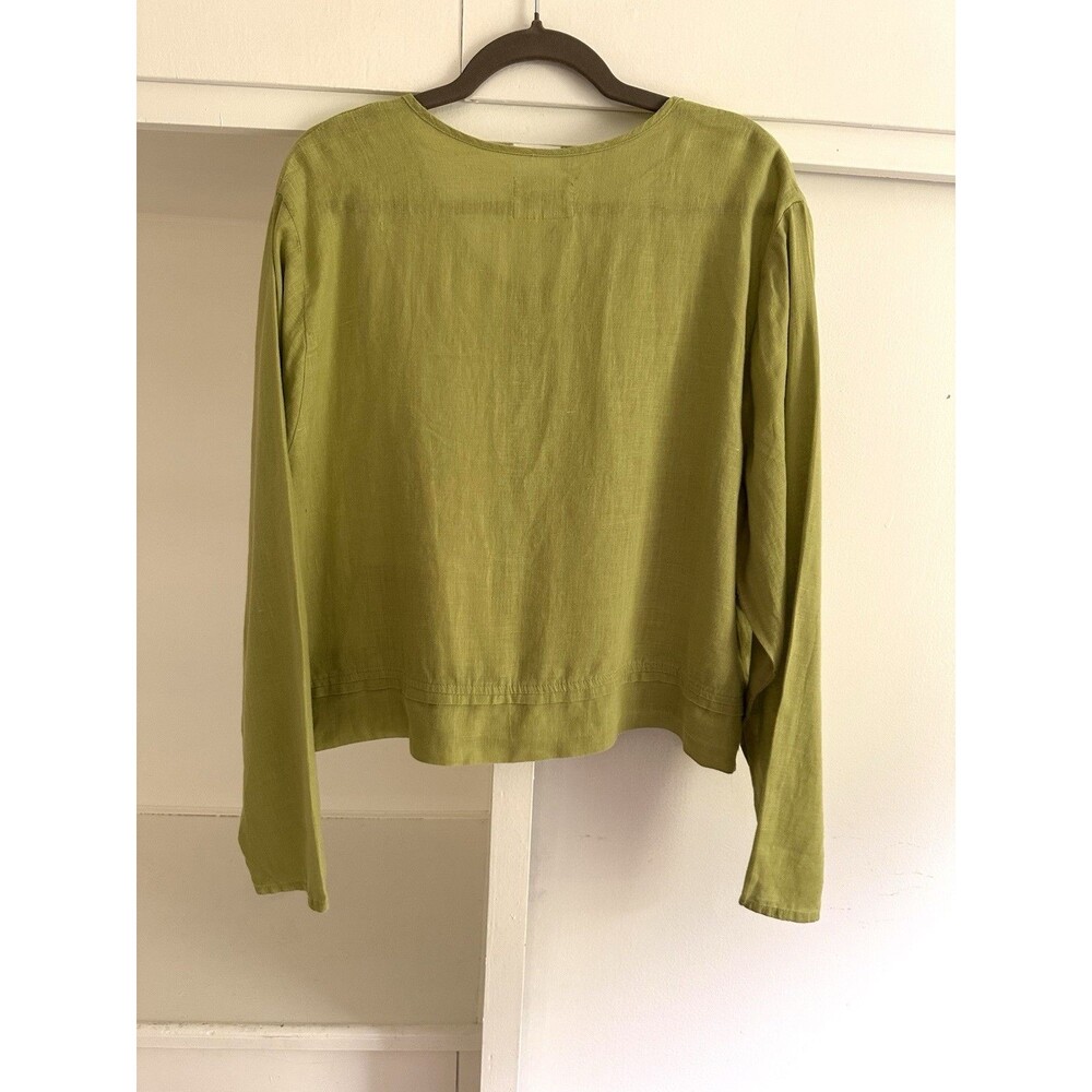 FLAX Womens Green Woven Linen Lagenlook Boho Long Sleeve Button Up Top Sz L - Picture 5 of 10